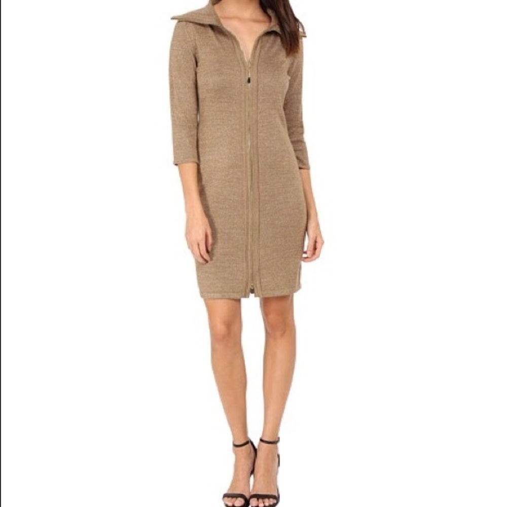 Metallic Front Zipper Sweater Dress - Taupe/Gold
